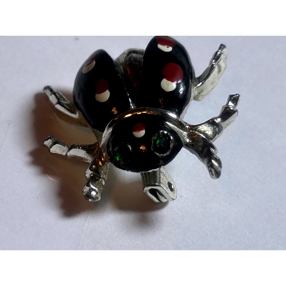 Vintage Silver Tone Ladybug Brooch Black Enamel Red White Spots Green Eyes Pin